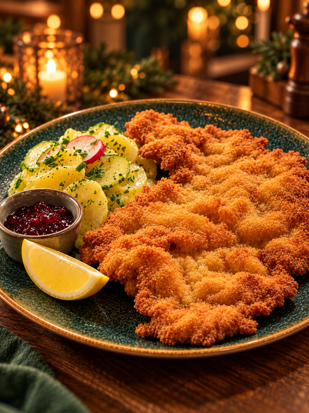 Goldbraunes Wiener Kalbsschnitzel auf einem grünen Keramikteller, mit Erdäpfel-Gurkensalat, Zitrone und Preiselbeeren
