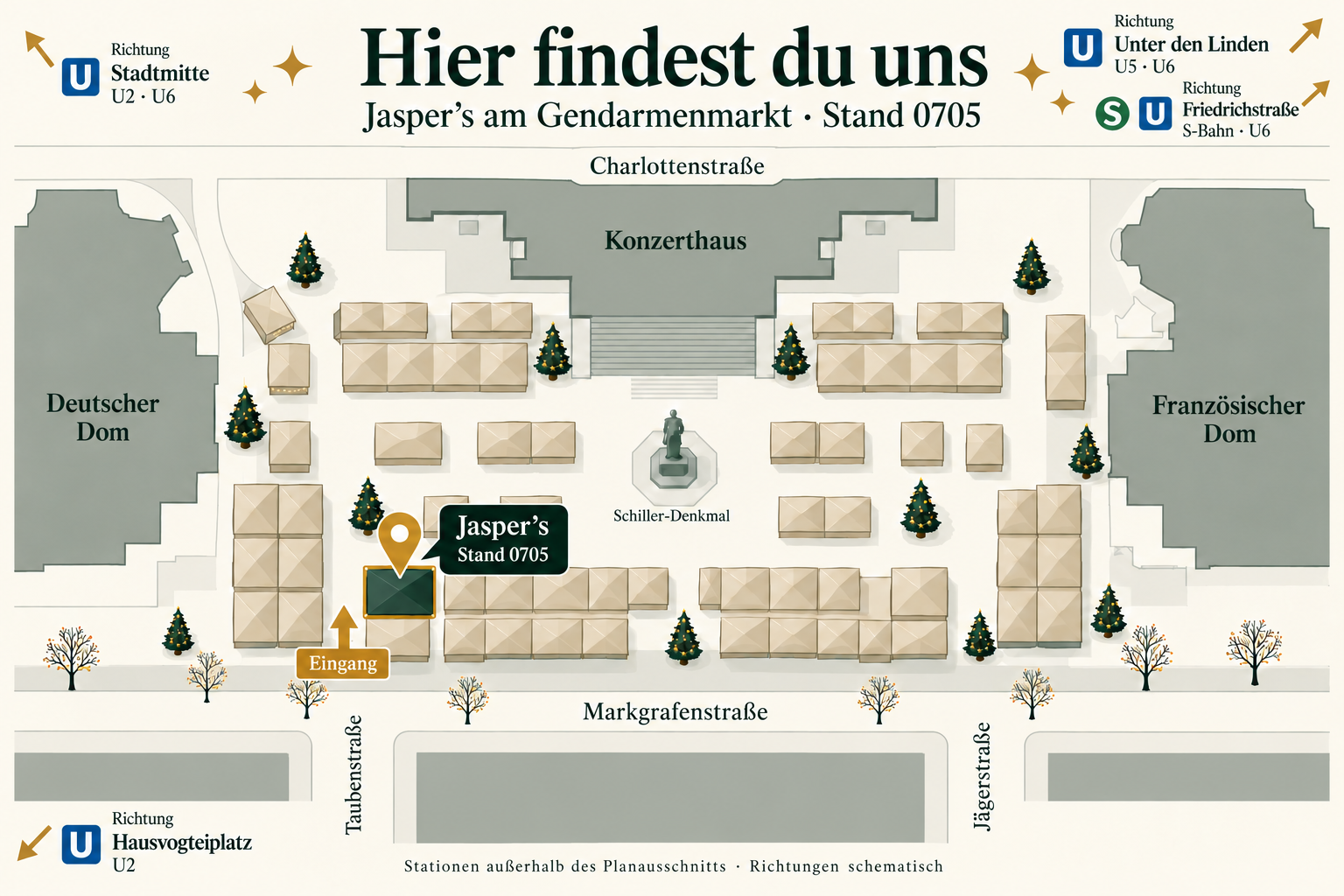 Standortplan: Jasper’s am Gendarmenmarkt, Stand 0705, auf der Markgrafenstraßen-Seite nahe Taubenstraße. Der Eingang liegt links neben unserem Zelt. Deutscher Dom links, Konzerthaus oben und Französischer Dom rechts. Richtungshinweise zu Stadtmitte, Hausvogteiplatz, Unter den Linden und Friedrichstraße sind am Kartenrand markiert.